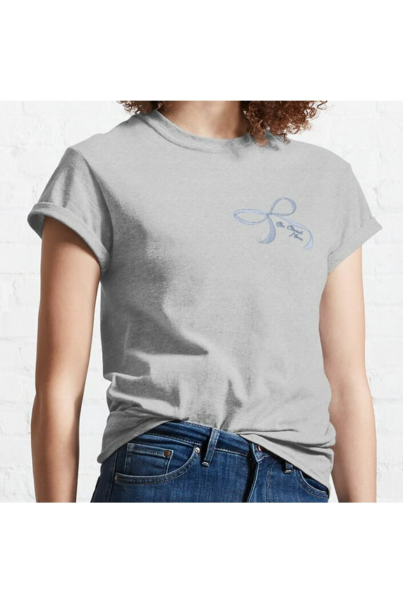 Hot Trending T-Shirt With Coquette Ribbon Bow Design In Dusty Blue And Pale Blue - “On Cloud Nine” Design Preview Only