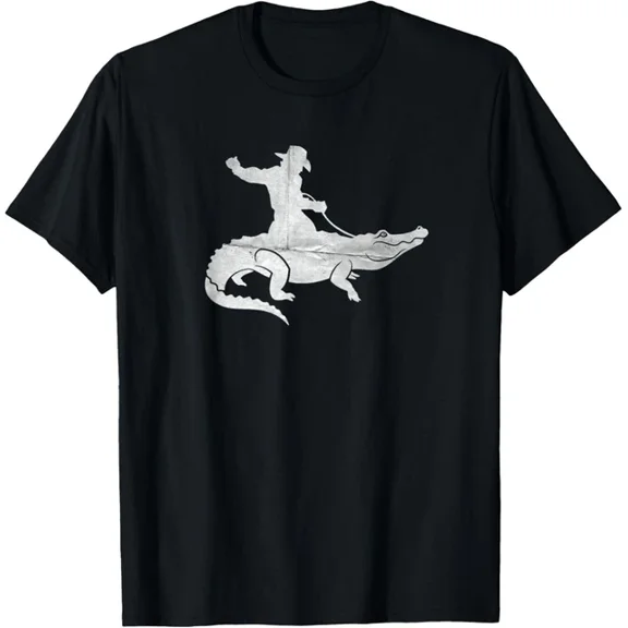 Hot Trending T-Shirt With Cowboy Riding An Alligator Distressed Design Preview Only