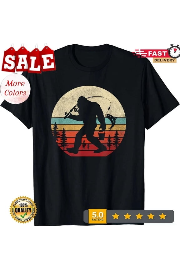 Hot Trending T-Shirt With Dad Men Bigfoot Fishing Funny Retro Sasquatch Design Preview Only