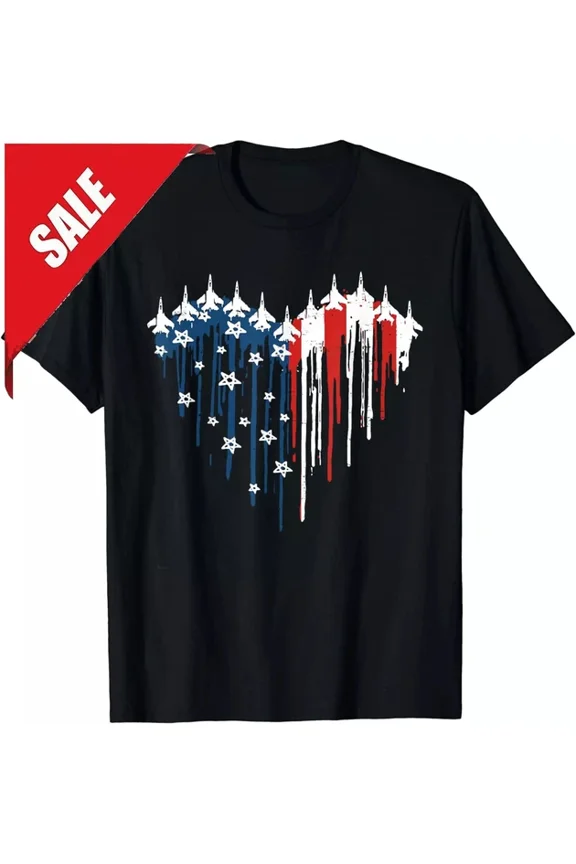 Hot Trending T-Shirt With Fighter Jet Airplane American Flag Heart 4Th Of July Unisex T-Shirt Design Preview Only