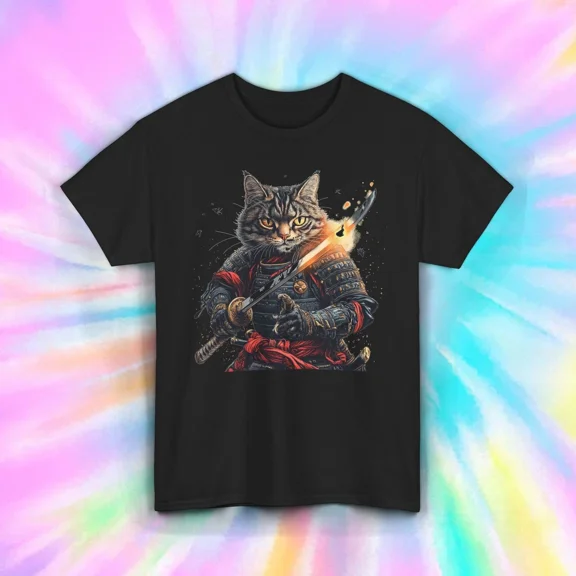 Hot Trending T-Shirt With Fire Katana Cat T-Shirt Samurai Warrior Cool Ninja Style Design Preview Only