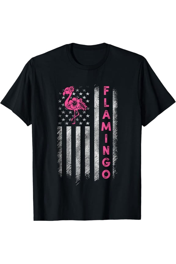 Hot Trending T-Shirt With Floral Flamingo Usa Flag July 4Th 4Th Of July Pink Flamingo T-Shirt Design Preview Only