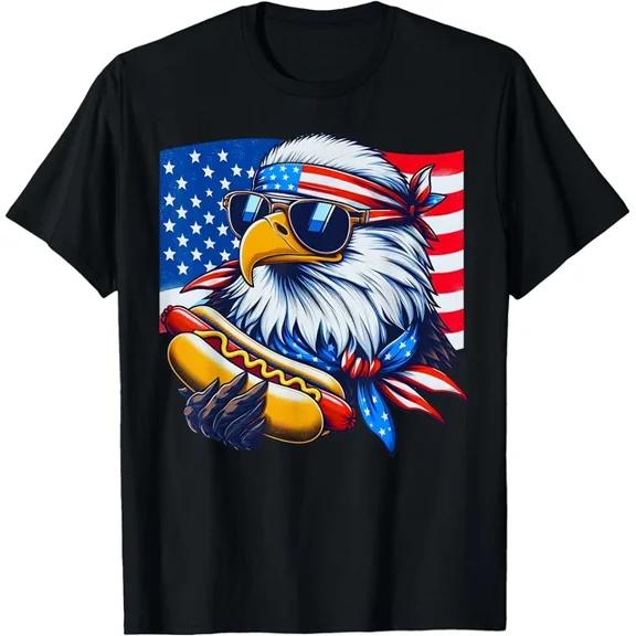 Hot Trending T-Shirt With Funny Bald Eagle Hotdog American Flag 4Th Of July T-Shirt Design Preview Only