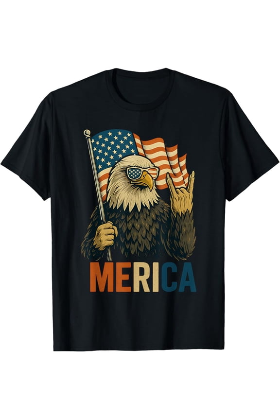 Hot Trending T-Shirt With Funny Merica Eagle Patriotic Rock American Flag 4Th Of July T-Shirt Design Preview Only