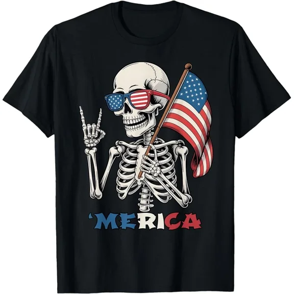 Hot Trending T-Shirt With Funny 'Merica Tee, Rock American Flag Skeleton 4Th Of July T-Shirt Design Preview Only