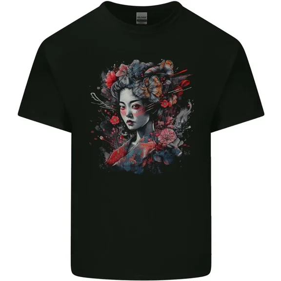 Hot Trending T-Shirt With Geisha Girl With Flowers & Butterflies Fantasy T-Shirt Design Preview Only