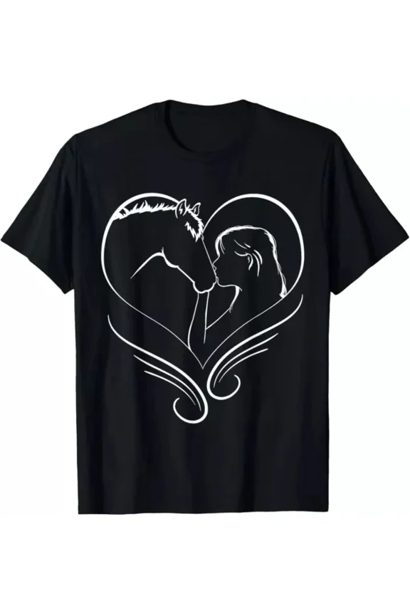 Hot Trending T-Shirt With Girl Kissing Horse Heart Horseback Rider Silhouette Design Preview Only