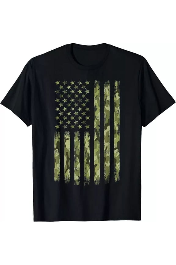 Hot Trending T-Shirt With Green Camo American Flag Desert Camouflage Tactical Military Design Preview Only