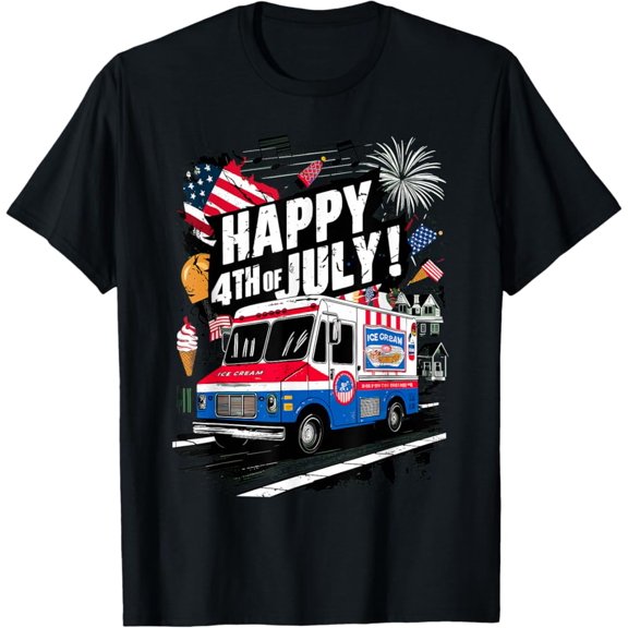 Hot Trending T-Shirt With Happy 4Th Of July Nostalgic Ice Cream Truck American Flag T-Shirt Design Preview Only