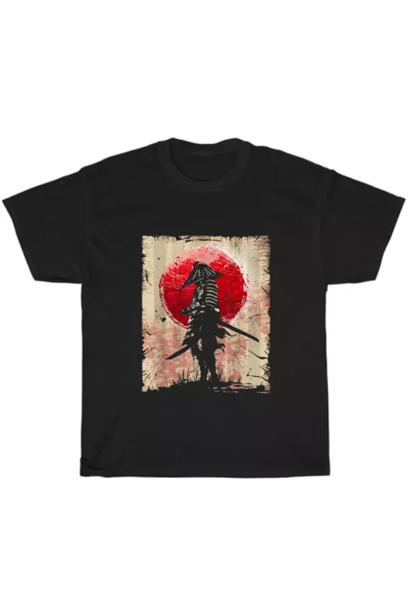 Hot Trending T-Shirt With Japanese Art Samurai Vintage Fighter Retro Design T-Shirt Japan Red Moon