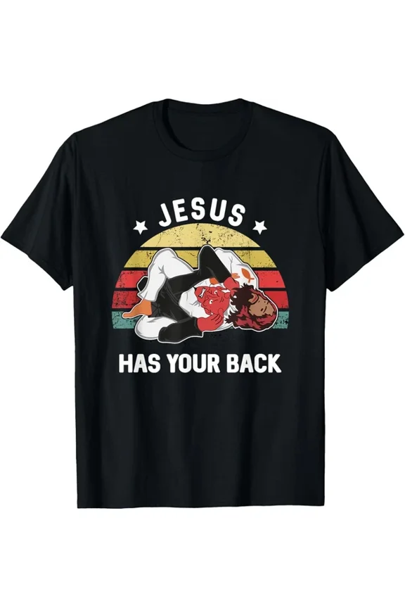 Hot Trending T-Shirt With Jesus Has Your Back Jiu Jitsu Retro Christian T-Shirt Design Preview Only