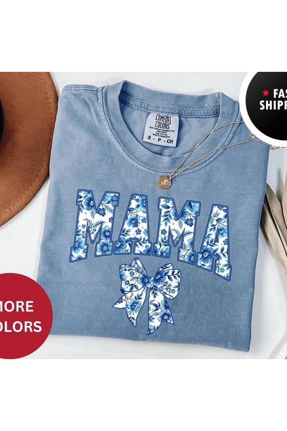 Hot Trending T-Shirt With Mama, Blue Ribbon, Mother'S Day Gift, Aesthetic Gift For Mom, Cute Wifey, Toile Bow,Womens Ts Design Preview Only