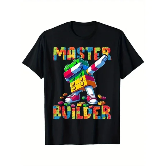 Hot Trending T-Shirt With Master Builder Fun Geometric Block Design Boys Girls T-Shirt Colorful Building