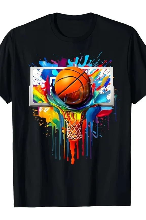 Hot Trending T-Shirt With Men'S Basketball Dunk Tie-Dye Splash Print Cotton Tee Black