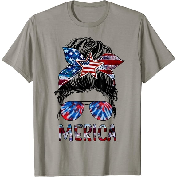Hot Trending T-Shirt With Merica 4Th Of July Messy Bun American Flag Tie Dye Womens T-Shirt Design Preview Only