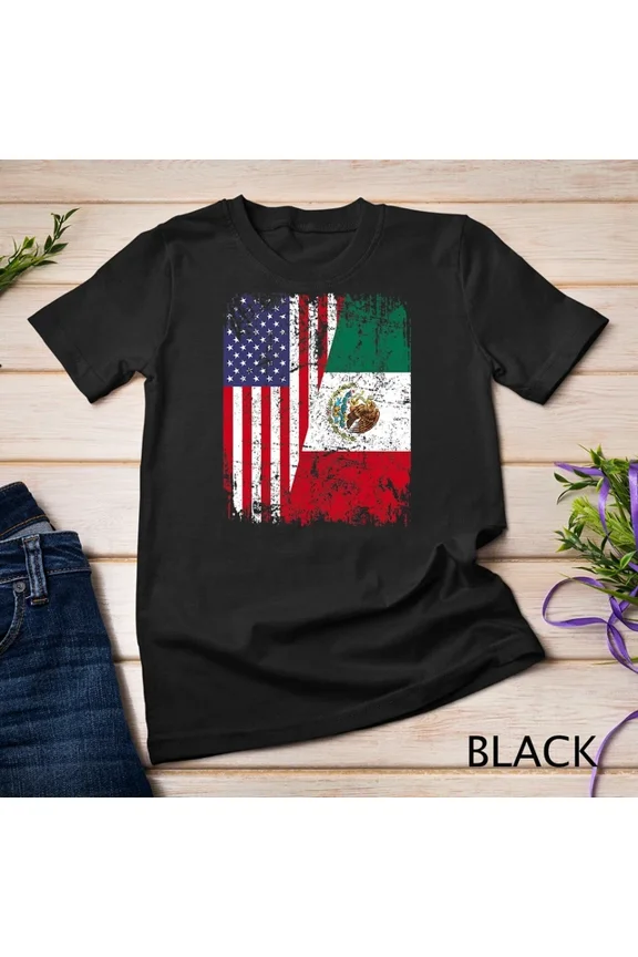 Hot Trending T-Shirt With Mexican Roots Tshirt Half American Flag Mexico Shirt Unisex S-5Xl T-Shirt