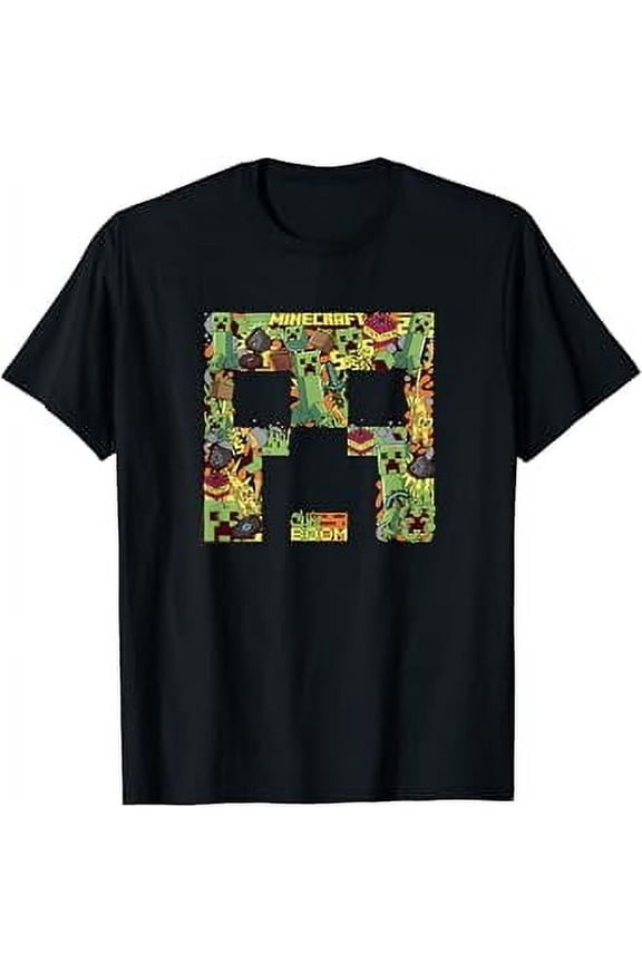Hot Trending T-Shirt With Minecrt Creeper Big Face Collage T-Shirt Design Preview Only