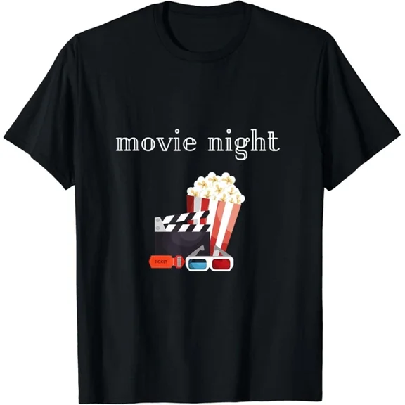 Hot Trending T-Shirt With Movie Night Popcorn 3D Glasses Ticket Cinema Date Design Preview Only