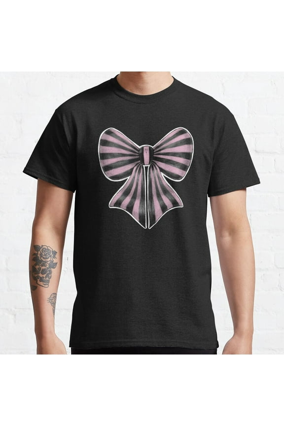 Hot Trending T-Shirt With Pastel Goth Pink Striped Bow Design Preview Only
