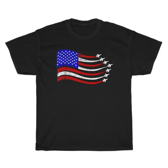 Hot Trending T-Shirt With Qunhshirt American Patriotic Fighter Jets Usa Flag Waving 4Th Of July T-Shirt Design Preview Only