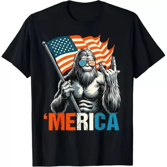 Hot Trending T-Shirt With Qunhshirt Bigfoot Merica Rock American Flag Patriotic 4Th Of July T-Shirt Design Preview Only