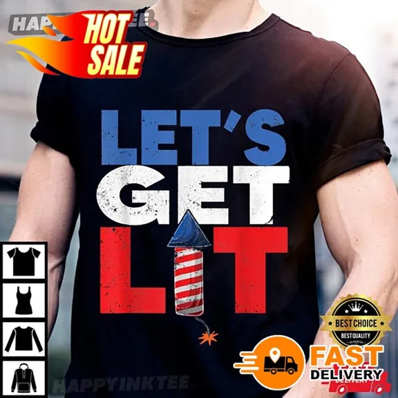 Hot Trending T-Shirt With Qunhshirt Funny 4Th Of July Let'S Get Lit Fireworks Usa Flag T-Shirt Design Preview Only