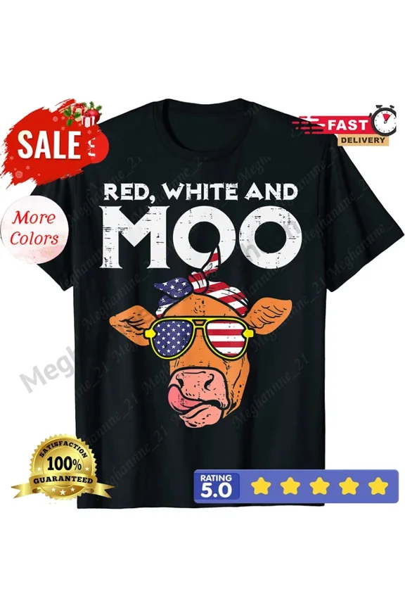 Hot Trending T-Shirt With Qunhshirt Red White And Moo Patriotic Cow Usa Flag Funny 4Th Of July T-Shirt. Design Preview Only