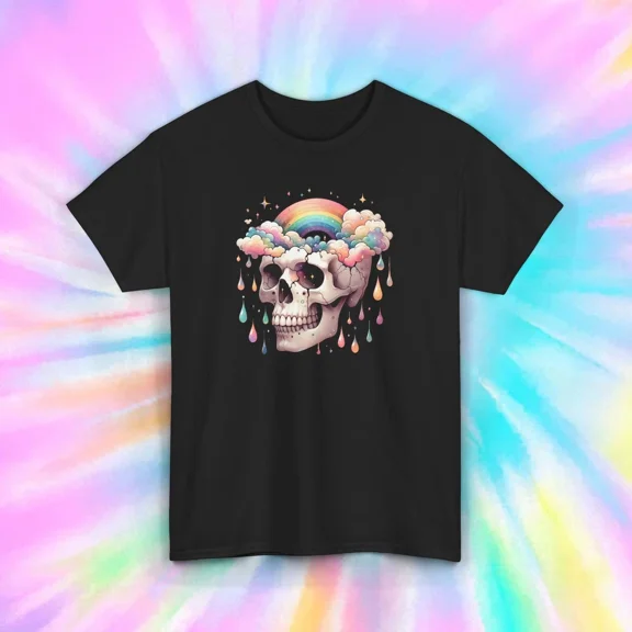 Hot Trending T-Shirt With Rainbow Cloud Raindrops Aesthetic Dark Graphic T-Shirt Design Preview Only
