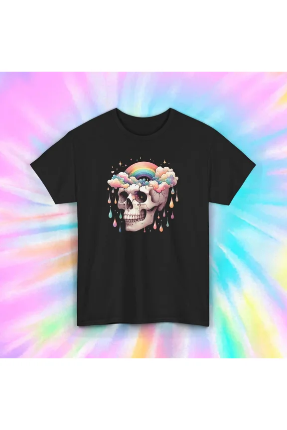 Hot Trending T-Shirt With Rainbow Cloud Raindrops Aesthetic Dark Graphic T-Shirt Design Preview Only