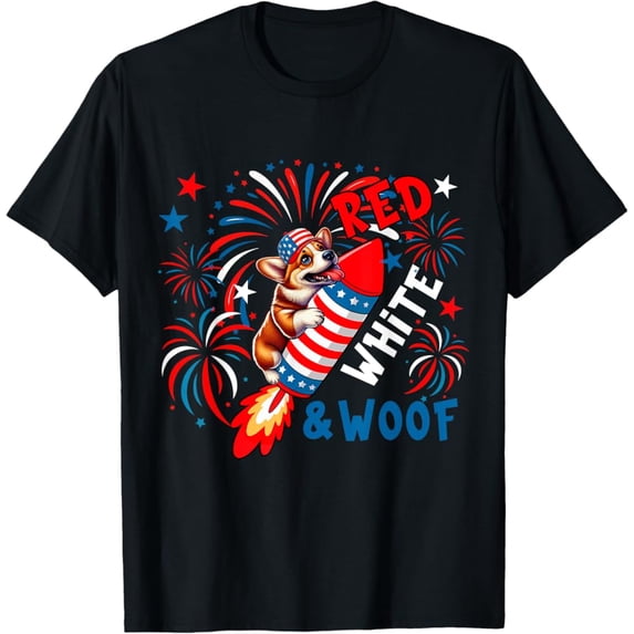 Hot Trending T-Shirt With Red White And Woof 4Th July Us Flag Corgi Riding Firecracker T-Shirt Design Preview Only