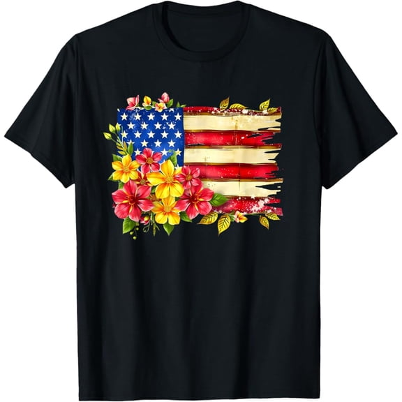 Hot Trending T-Shirt With Retro Daisy Flower American Flag Patriotic Women 4Th Of July T-Shirt Design Preview Only