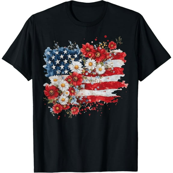 Hot Trending T-Shirt With Retro Daisy Flower American Flag Patriotic Women 4Th Of July T-Shirt Design Preview Only