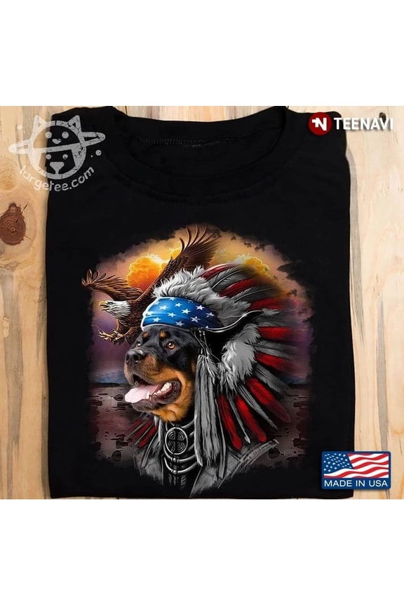 Hot Trending T-Shirt With Rottweiler Warrior With War Bonnet Eagle American Flag 4Th Of July Design Preview Only