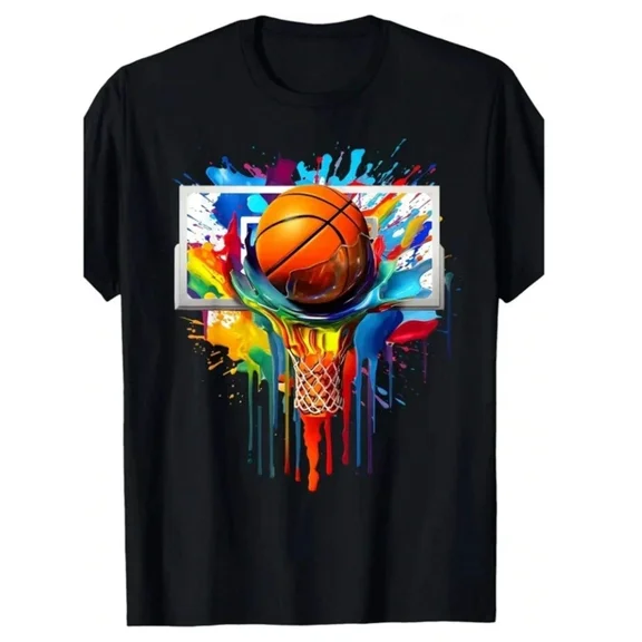 Hot Trending T-Shirt With Single Piece, 100% Cotton, Colorful Basketball Tie Dye Color Splash Basket Dunk