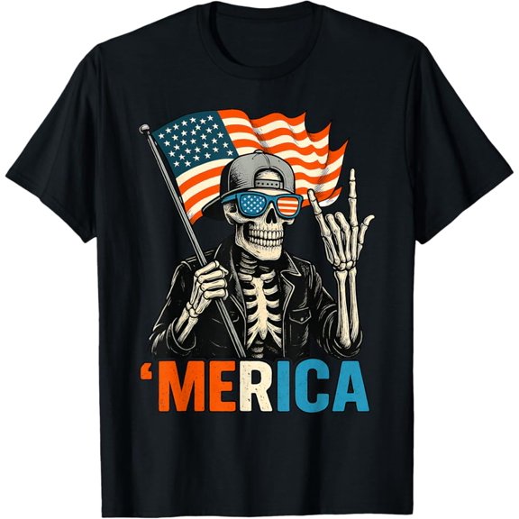 Hot Trending T-Shirt With Skeleton Merica Rock American Flag Patriotic Usa 4Th Of July T-Shirt Design Preview Only