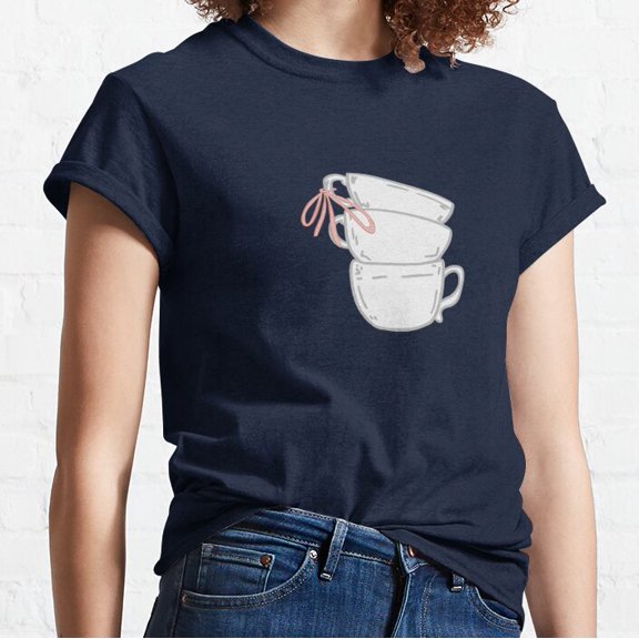 Hot Trending T-Shirt With Tea Cups Stacked With Coquette Pink Bows Design Preview Only
