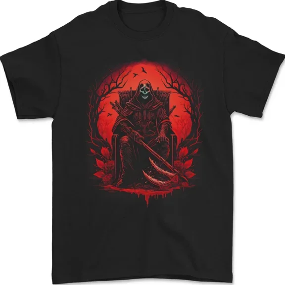 Hot Trending T-Shirt With The Grim Reaper On His Throne Gothic Biker T-Shirt Design Preview Only