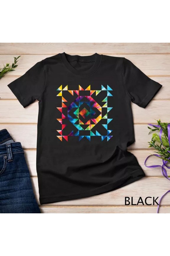 Hot Trending T-Shirt With Tie Dye Geometric Shapes Pattern Quilt Block Art Scandi Folk Unisex S-5Xl T-Shirt