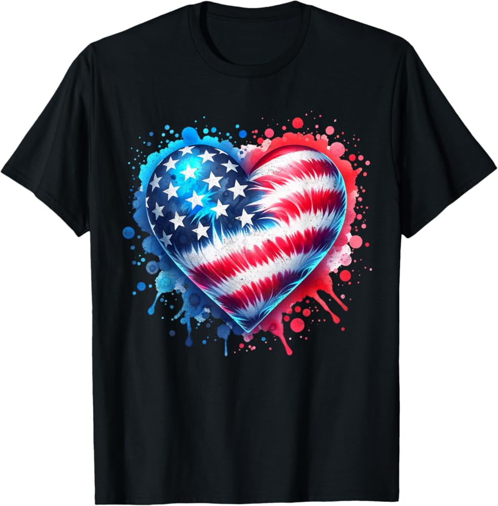 Hot Trending T-Shirt With Tie Dye Heart Usa Flag Colors Blue, Red
