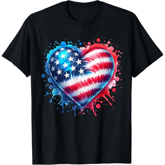 Hot Trending T-Shirt With Tie Dye Heart Usa Flag Colors Blue, Red & White 4Th Of July T-Shirt Design Preview Only