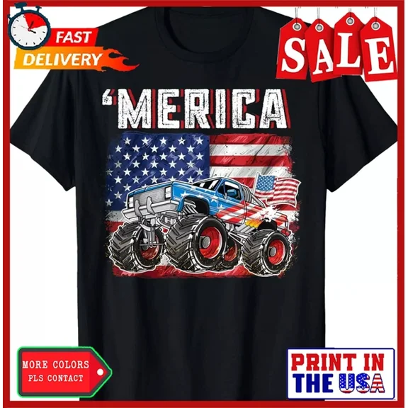 Hot Trending T-Shirt With Usa Flag Merica Monster Truck 4Th Of July Men Boys T-Shirt Design Preview Only