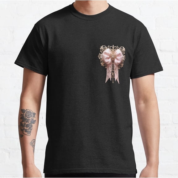 Hot Trending T-Shirt With Victorian Steampunk Coquette Bow – Elegant Gems & Metalwork Pink Design Preview Only