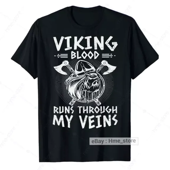 Hot Trending T-Shirt With Viking Warrior T-Shirt Valhalla Norse Men Tee Viking Blood Through My Vein