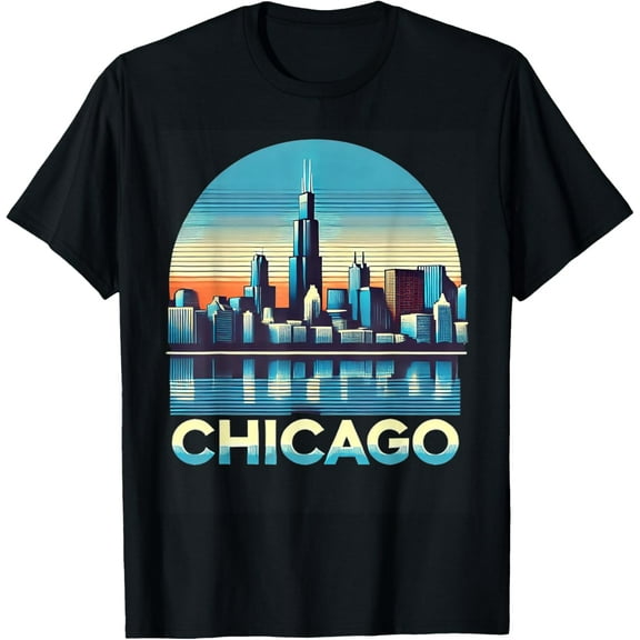 Hot Trending T-Shirt With Vintage Chicago Skyline Sunset Summer Travel Men Women