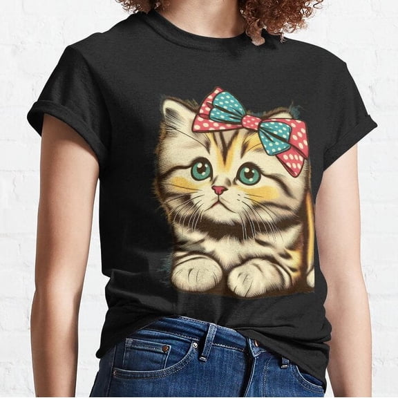 Hot Trending T-Shirt With Vintage Cute Kitten With Color Bow Design Preview Only