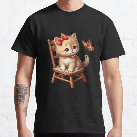 Hot Trending T-Shirt With Vintage Cute Little Kitten With Butterfly Design Preview Only