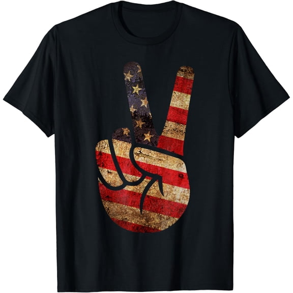 Hot Trending T-Shirt With Vintage Us American Flag Peace Sign Hand 4Th Of July T-Shirt Design Preview Only