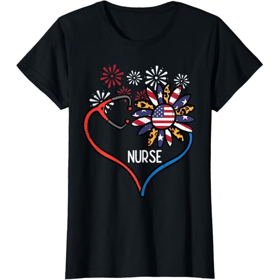 Hot Trending T-Shirt With Womens Sunflower Stethoscope Nurse Fourth 4Th Of July Rn Women T-Shirt Design Preview Only