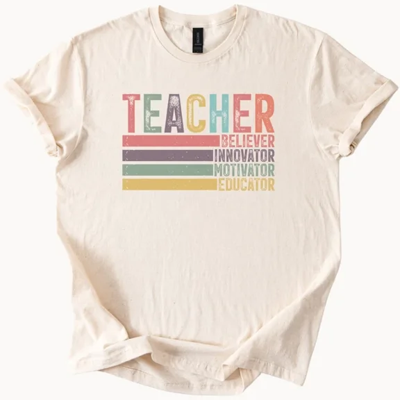 Hot Trending Teacher Graphic Shirt Colorful Believer Innovator Motivator Educator Tee Design Preview Only