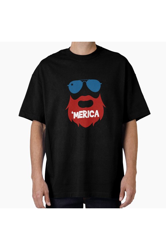 Hot Trending Tee with Hipster 'Merica Beard Silhouette T-Shirt, Gift For Patriotic, Independence Day Shirt, Red White Blue Shirt, S-5Xl Birthday Gifts; For Men & Women